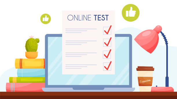 在线测试与大拇指的图标。工作场所的插图。图片下载
