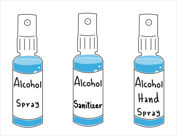 手绘酒精手部喷雾器或抗菌消毒剂喷雾器、洗手液分配器，带有酒精凝胶、酒精凝胶和酒精消毒剂标签。矢量图图片下载