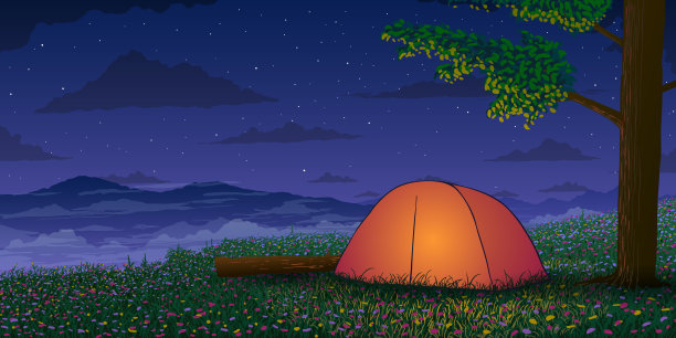在星夜的春天露营在山上。素材图片