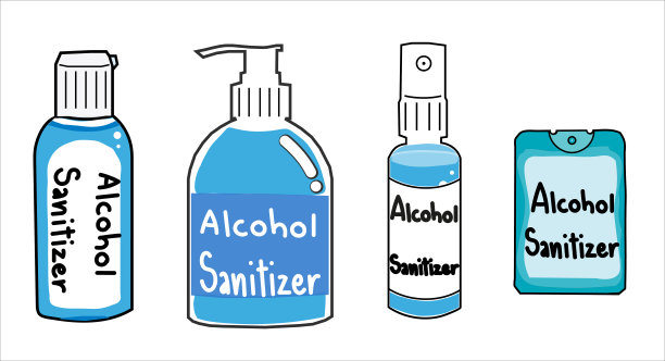 洗手液容器图标集。如喷雾瓶或酒精凝胶瓶中的酒精喷雾。用于对抗病毒、细菌、流感、冠状病毒(Covid-19)的洗涤酒精凝胶。无水清洁。洗手。矢量图图片下载