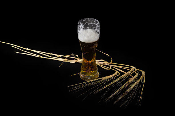 一杯啤酒和大麦穗在一个黑色的背景图片下载