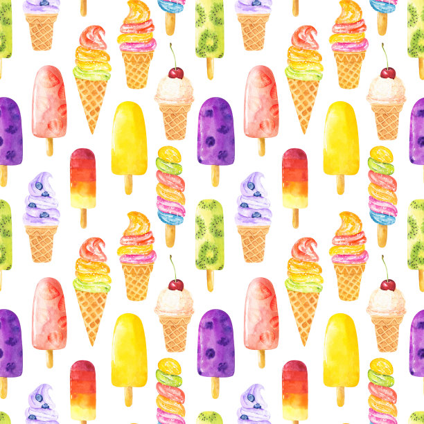 无缝模式与水彩冰淇淋孤立的白色背景。图片下载