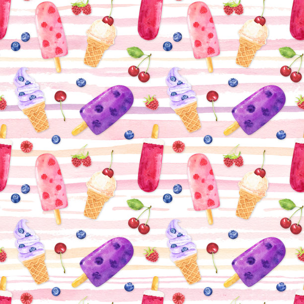 无缝模式与水彩水果冰淇淋和浆果条纹背景。图片下载