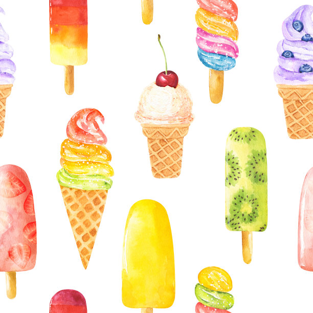 无缝模式与水彩冰淇淋孤立的白色背景。图片下载