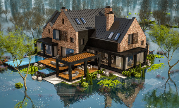 春季洪水中现代砖墙住宅的3d渲染图片下载