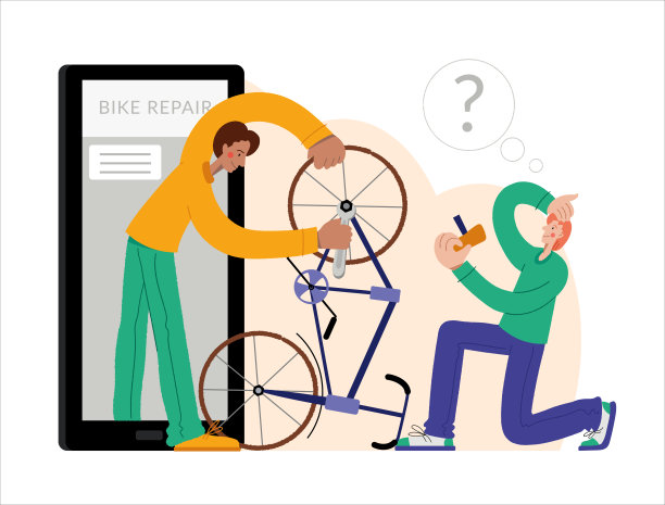 自行车修理。一个人正在网上修理自行车。网页图形，横幅，广告，商业模板。图片下载