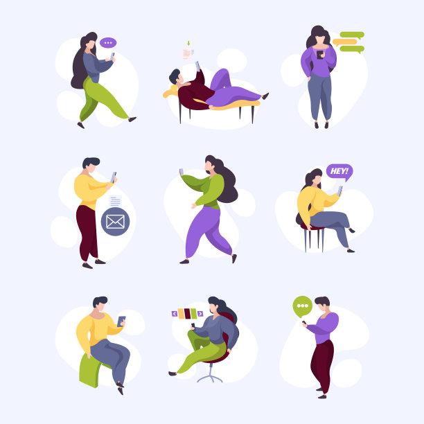 阅读产品。人们聊天，在智能手机和平板电脑上阅读在线书籍，学生图书馆花哨的矢量字符图片下载