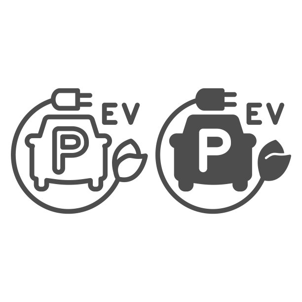 电动汽车停车与电动汽车充电线和固体图标，电动汽车概念，电动汽车停车符号在白色背景，电动汽车充电站图标在轮廓风格的移动，web。矢量图形。图片下载