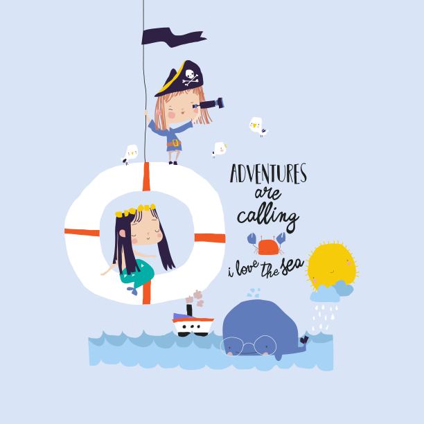 卡通可爱的美人鱼和小女孩海盗图片下载