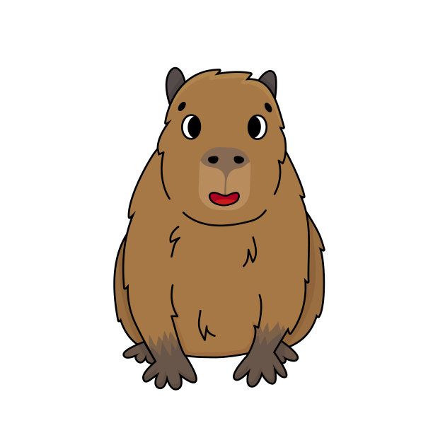 可爱的快乐轮廓卡通向量水豚坐和微笑。涂鸦棕色动物是孤立的白色背景，正面视图。原产于南美洲的哺乳动物。图片下载