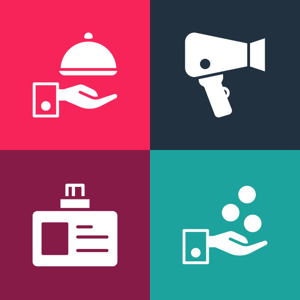 设置流行艺术支付提示，识别徽章，电吹风和覆盖托盘图标。向量图片下载