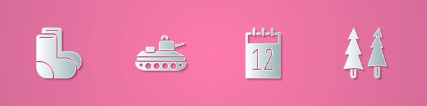 设置剪纸瓦伦基，军事坦克，日历6月12日和圣诞树图标。纸艺术风格。向量图片下载