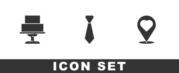 设置婚礼蛋糕，领带和地点与心图标。向量图片下载