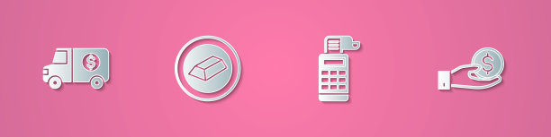 设置剪纸装甲车，金条，收银机和手给钱的图标。纸艺术风格。向量图片下载