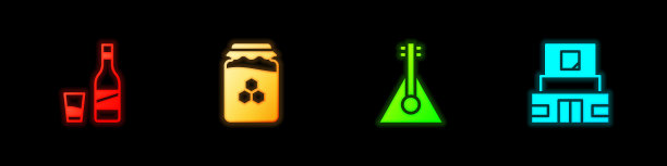 瓶子伏特加与玻璃，罐子蜂蜜，巴拉莱卡和列宁偶像。向量图片下载