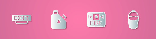 设置防火出口、油罐、报警系统和水桶图标。纸艺术风格。向量图片下载