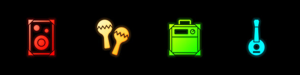 设置立体声扬声器，沙球，吉他放大器和班卓琴图标。向量图片下载