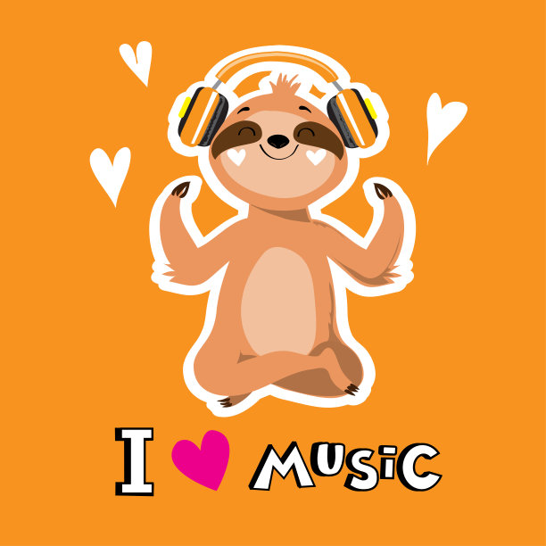 可爱的树懒以莲花的姿势坐着，戴着耳机，橙色的背景上写着“我喜欢音乐”图片下载