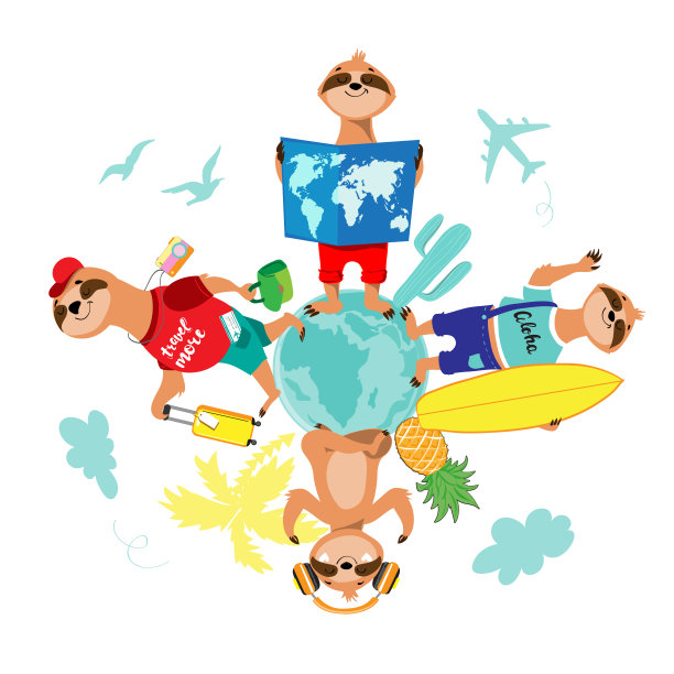 有趣的树懒旅行者在白色背景下来到地球上。旅行的概念。股票矢量图图片下载