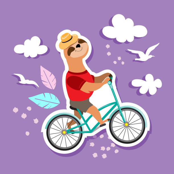 紫色背景上的时尚条纹和夏季树懒骑在自行车上给孩子们看图片下载