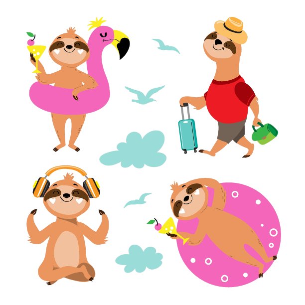 矢量插图与可爱的夏天树懒收集在一个白色的背景孤立图片下载