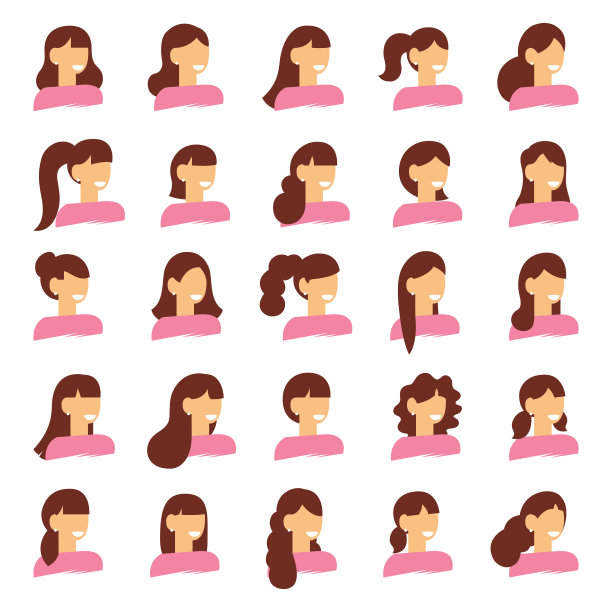 美丽的年轻女子肖像现代时尚的长发，短发，卷发沙龙发型和时尚的理发矢量图标设置孤立在白色的背景图片下载