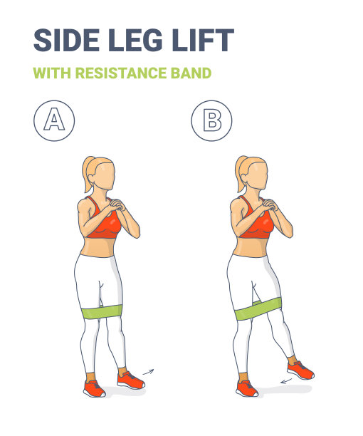 站立侧抬腿与阻力带女性家庭锻炼锻炼指导丰富多彩的概念图片下载