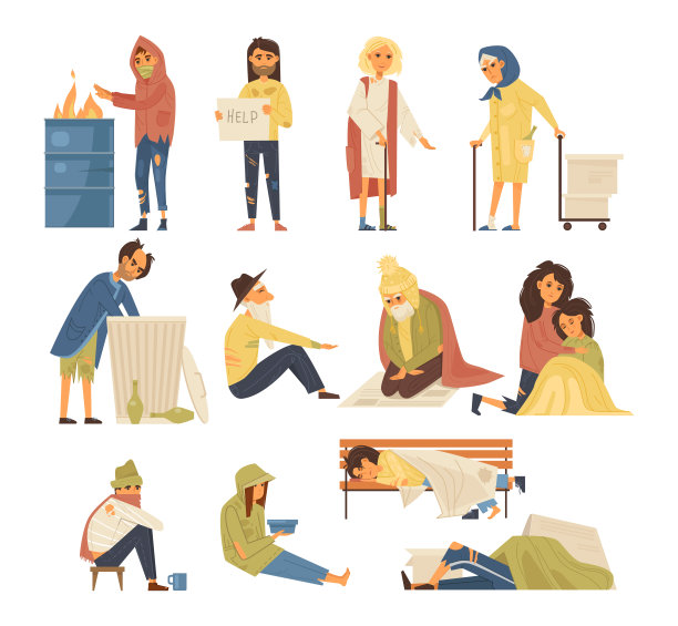 无家可归的人的概念。无家可归、失业的人流落街头。老人需要帮助。成年人乞讨施舍，在垃圾桶里翻找，睡在长凳上卡通图片下载