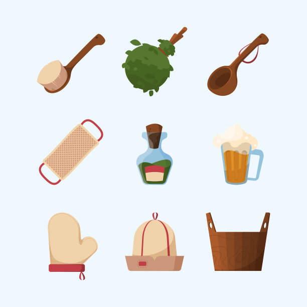 桑拿项目。水疗放松工具沐浴巴登浴木桶毛巾花哨向量平面图片收集图片下载