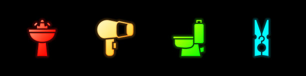 设置面盆水龙头，吹风机，抽水马桶和衣服别针图标。向量图片下载