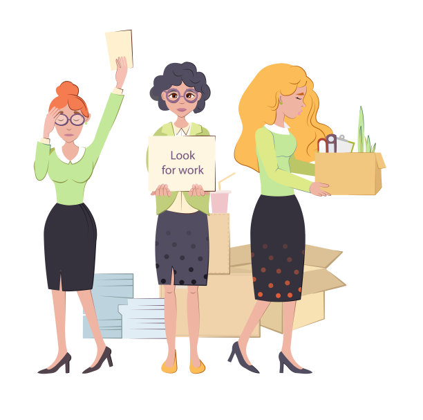 女人拿着装着个人物品的箱子离开了工作场所，而女孩正在找工作，手里举着牌子。解雇，解雇，找工作的人图片下载