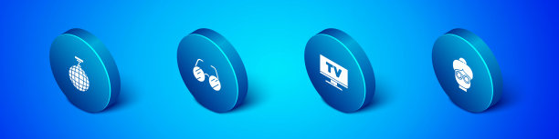 设置等距迪斯科球，智能电视，祖母和眼镜图标。向量图片下载