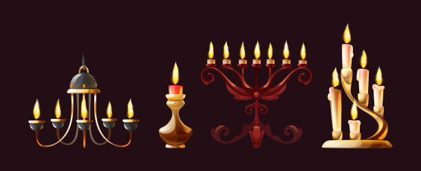 烛台中逼真的蜡烛。复古的烛台，枝形吊灯和烛台与燃烧的火焰。家庭和教堂用品。图片下载