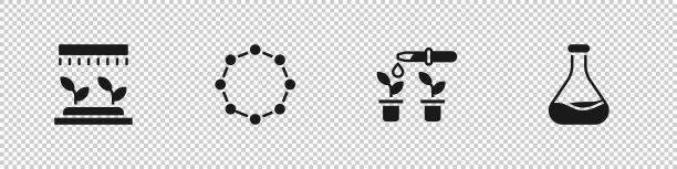 设置自动喷灌，化学配方，移液管和植物，试管烧瓶图标。向量图片下载