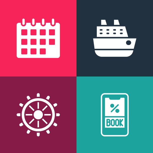 设置流行艺术邮轮票，船舶方向盘，船舶和日历图标。向量图片下载