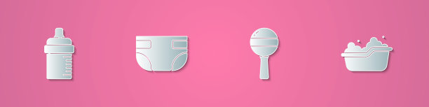 设置剪纸婴儿奶瓶，吸水尿布，拨浪鼓婴儿玩具和浴缸图标。纸艺术风格。向量图片下载