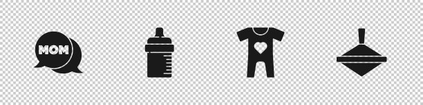 设置语音泡泡妈妈，婴儿奶瓶，衣服和旋转玩具图标。向量图片下载