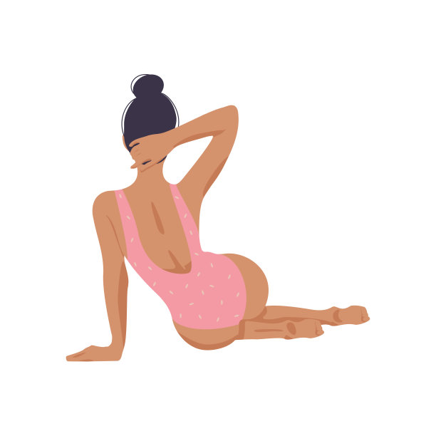 手绘的卡通夏季插图与放松的女孩在粉红色泳装图片下载