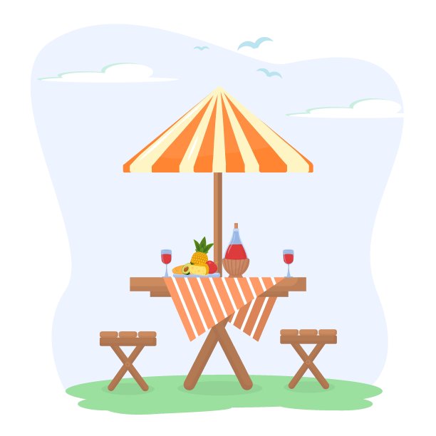 矢量插图的主题夏季野餐。木桌上放着一瓶红酒、玻璃杯和一盘水果和奶酪图片下载