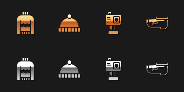 设置圣诞毛衣，冬季帽，行动相机和冬季两项步枪图标。向量图片下载