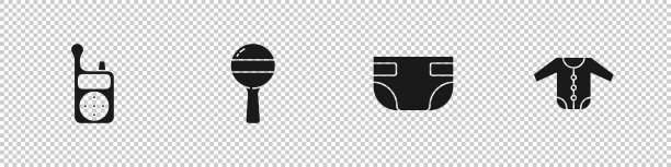 设置婴儿监视器对讲机，拨浪鼓婴儿玩具，吸水尿布和衣服图标。向量图片下载