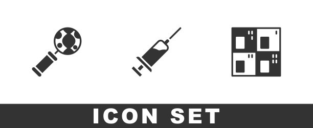 设置DNA研究，搜索，注射器和元素周期表图标。向量图片下载