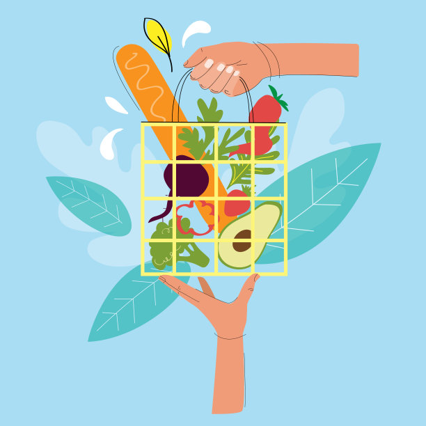 服务交付快捷，电子采购。商品在网上商店。矢量平面风格的插图。拿着一个蓝色背景的购物袋图片下载