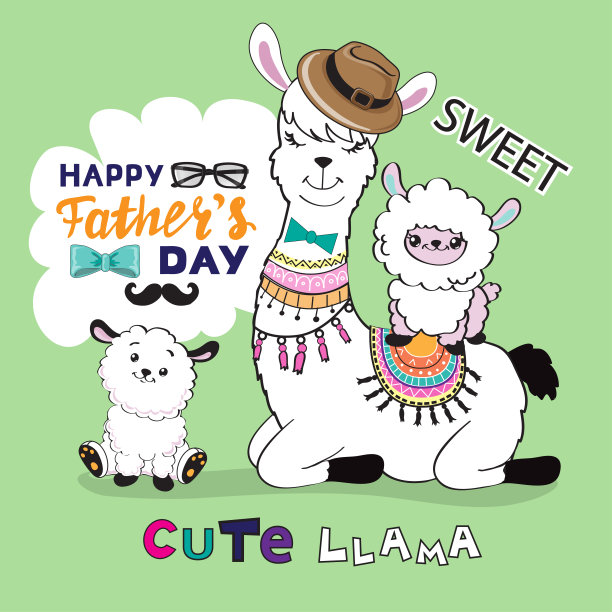 喇嘛和孩子们在绿色的背景上写着“父亲节快乐”图片下载