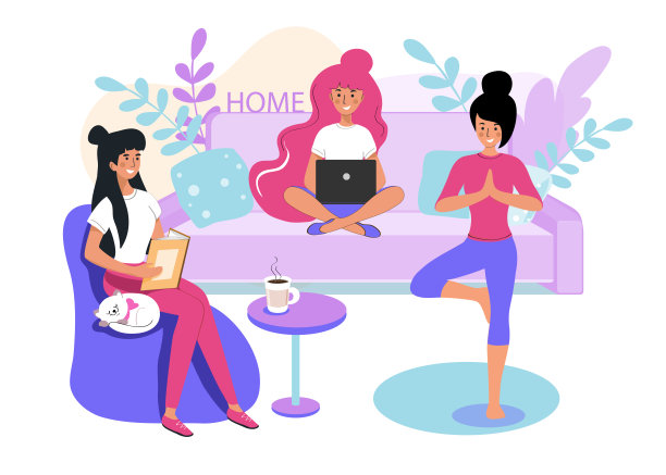 矢量插图与三个女孩在笔记本电脑上工作，读这本书，坐在莲花的位置做瑜伽在电脑的背景。呆在家里。冠状病毒的概念图片下载