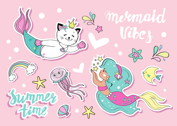 卡通收集美人鱼，猫美人鱼和海洋居民。时装补丁图片下载