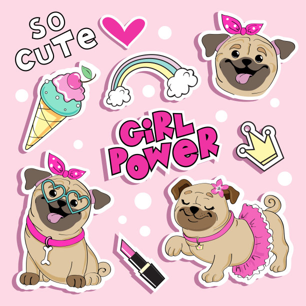 时尚补丁徽章与女孩哈巴狗和女孩的项目。矢量插图有趣的动物卡通。语音识别趋势贴纸图片下载
