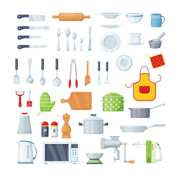 家庭炊具烹饪用具，金属和陶瓷厨房陶器。采购产品厨具烹饪对象，烹饪设备，杯子，盘子，碗，刀，刀叉，锅，绞肉机，搅拌器图片下载