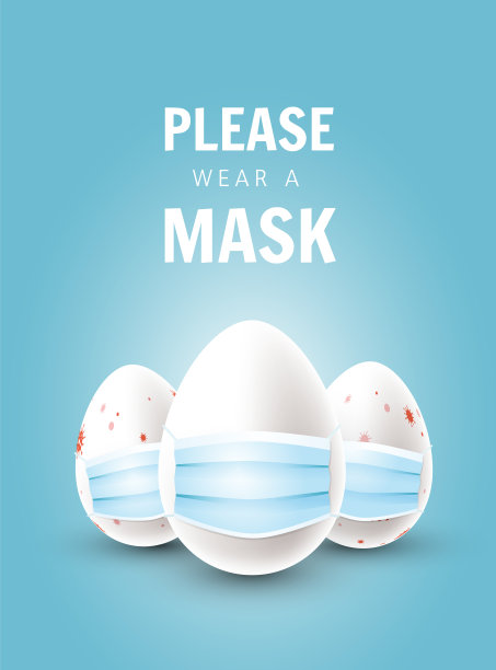 请戴上口罩。创意海报概念复活节庆祝2021年。蓝色背景装饰冠状病毒细胞的医用口罩中的3d复活节彩蛋。——矢量图片下载
