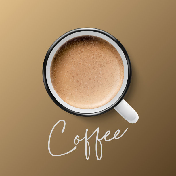 矢量3d现实陶瓷白色金属搪瓷复古咖啡杯，杯子特写在棕色的背景。奶泡咖啡，拿铁，卡布奇诺。设计模板。俯视图图片下载